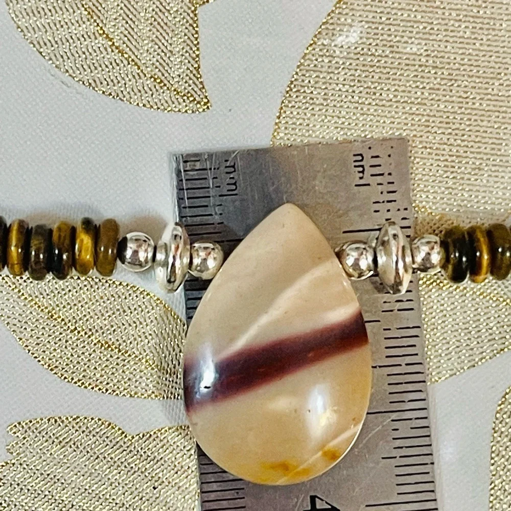 Vtg Southwest Hematite Pearl Bench Beads Tiger Eyes   Pendant Necklace 21”
